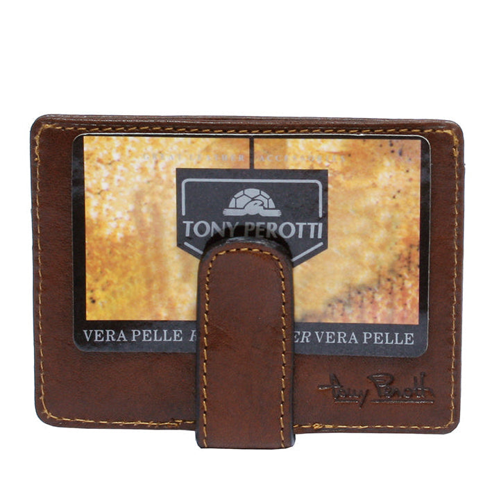 Cognac leather card holder back with leather money clip strap — Tony Perotti Italico 2553 cognac