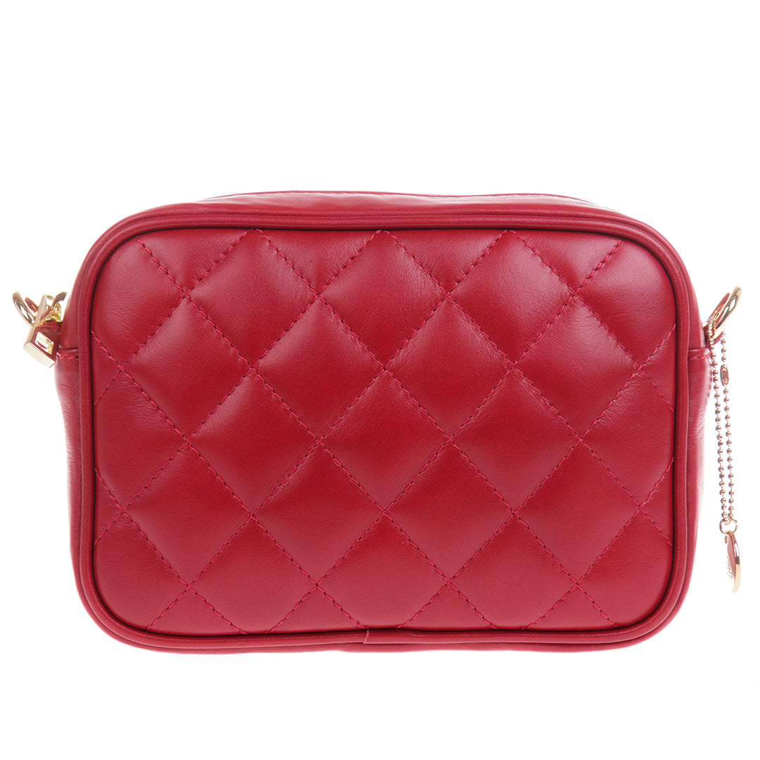 Tony Perotti Borsa CA006-01DR women's red quilted leather crossbody bag seen from the front — diamond quilting and a gold zip along the top