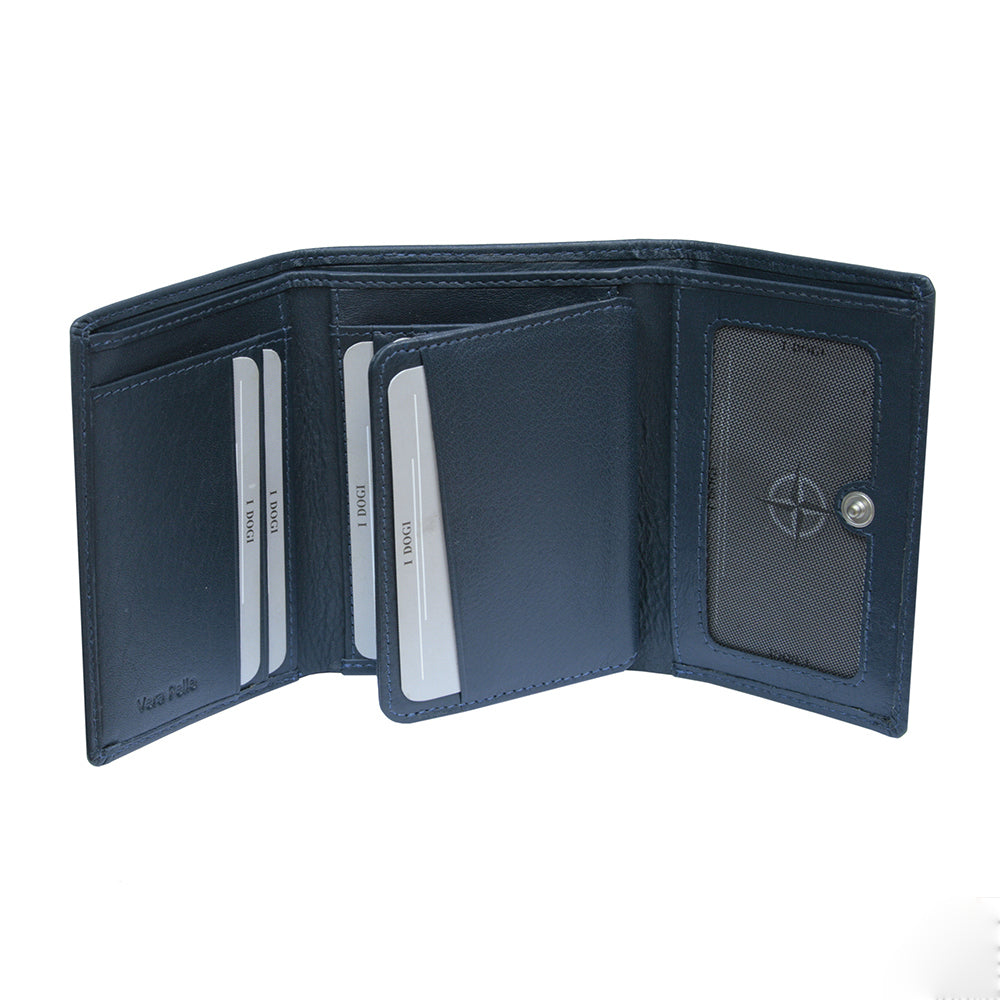 Tony Perotti Cortina 5063 navy opened — the card slots and the document window on its press stud