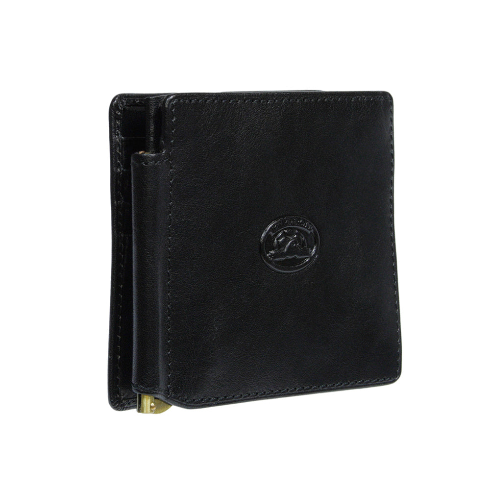 Open black leather wallet with two money clips — Tony Perotti Italico 1717