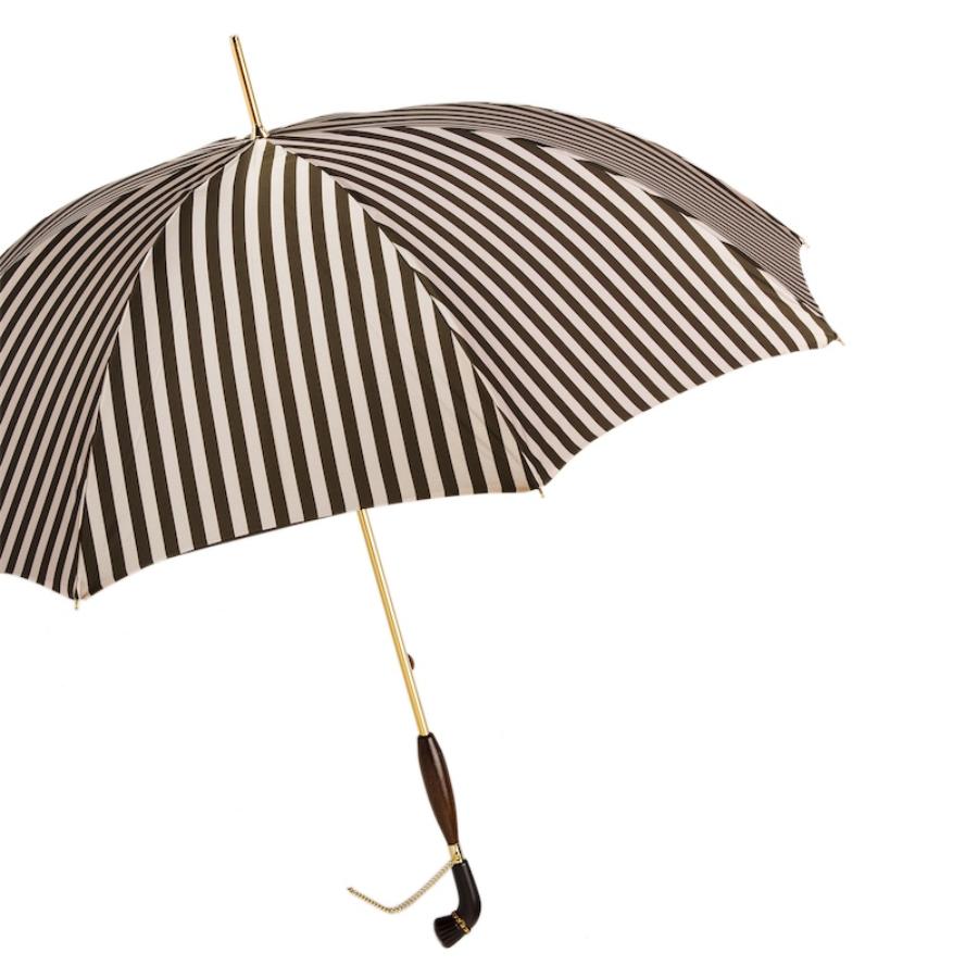 Open umbrella from the side: brown and beige stripes outside and the wooden handle