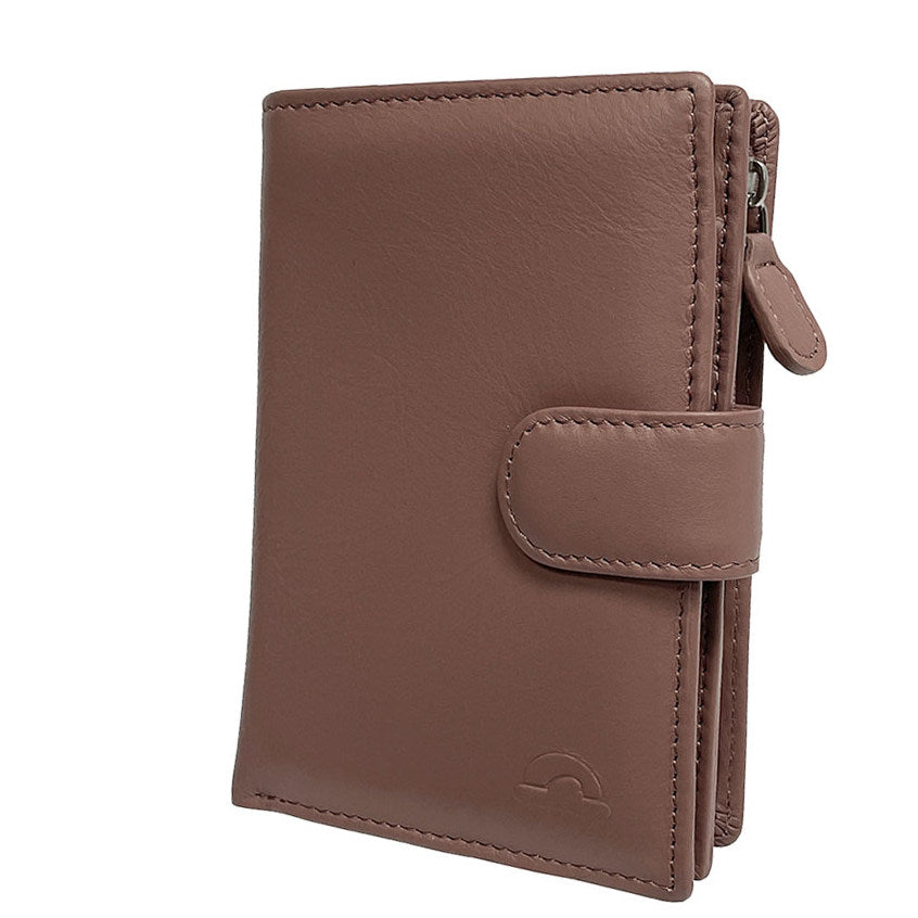 Powder pink New Rainbow wallet at an angle showing side zip coin pocket and embossed turtle