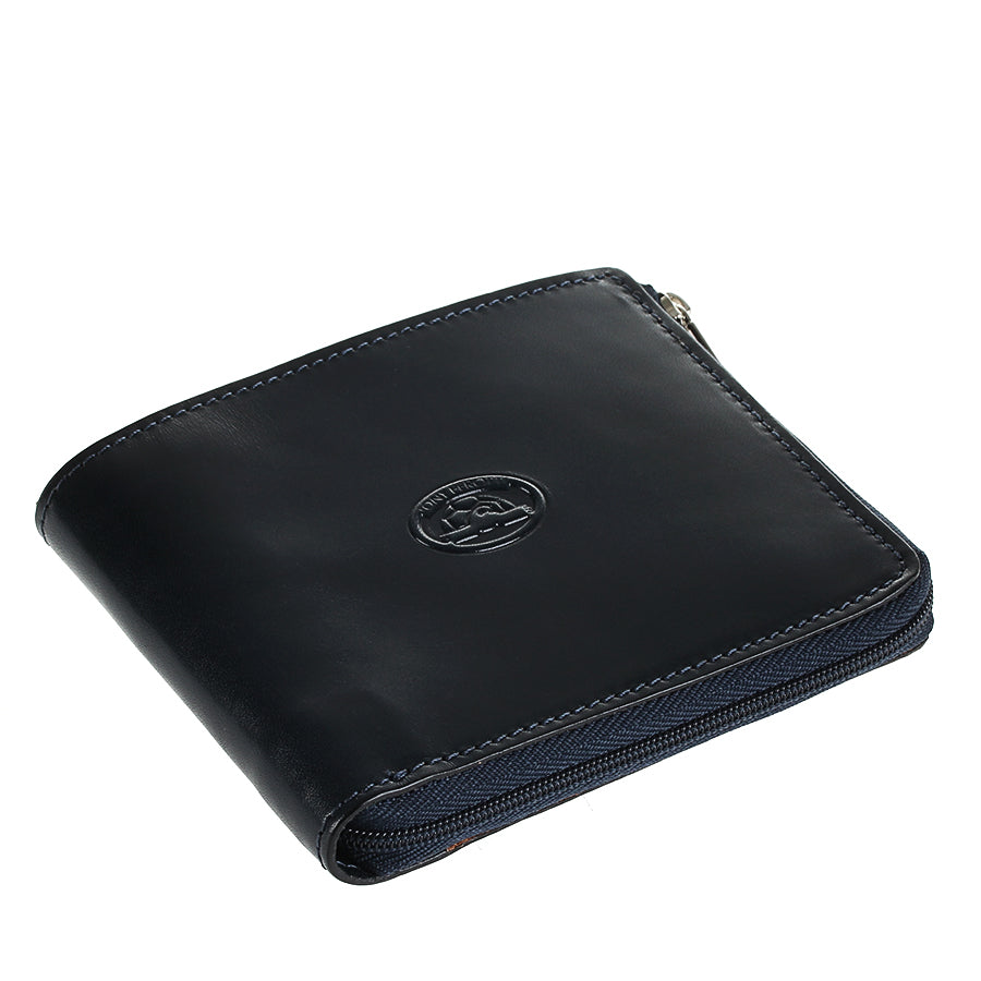 Tony Perotti Italico 3645 navy leather wallet from above — navy zip along the bottom and side edges