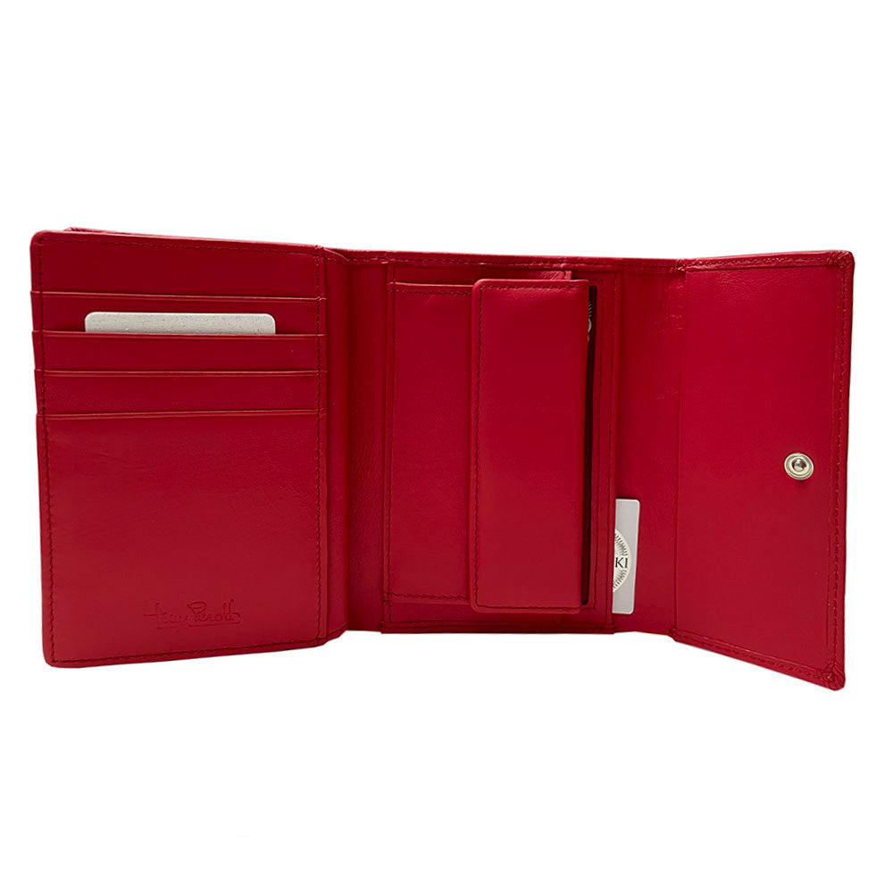 Red Swarovski 500N wallet open showing the 12-slot trifold card layout