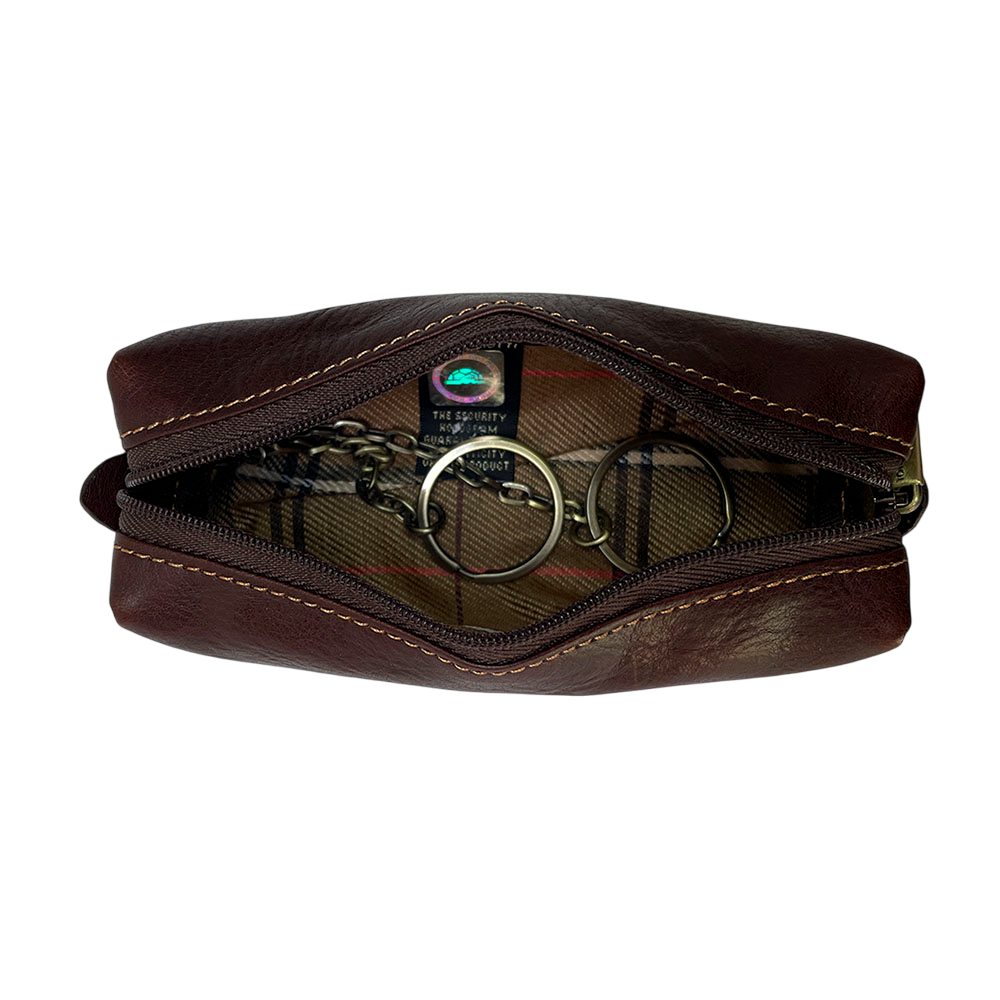 Open dark brown leather key pouch with woven check lining and Tony Perotti hologram tag — Italico 3297 moro