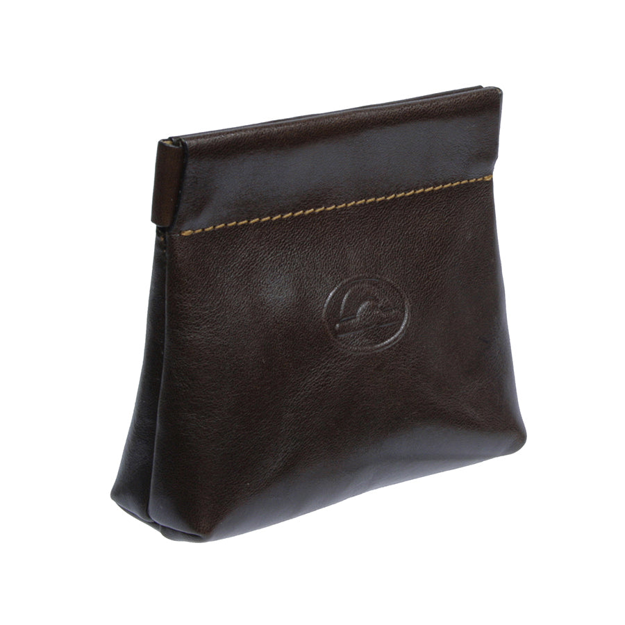 Dark brown Tony Perotti Italico 1615 moro coin pouch at an angle, showing the soft body and the tapered base