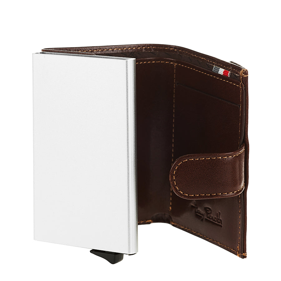 Tony Perotti Nevada 3768 moro — open, aluminium pop-up card case and leather card slot
