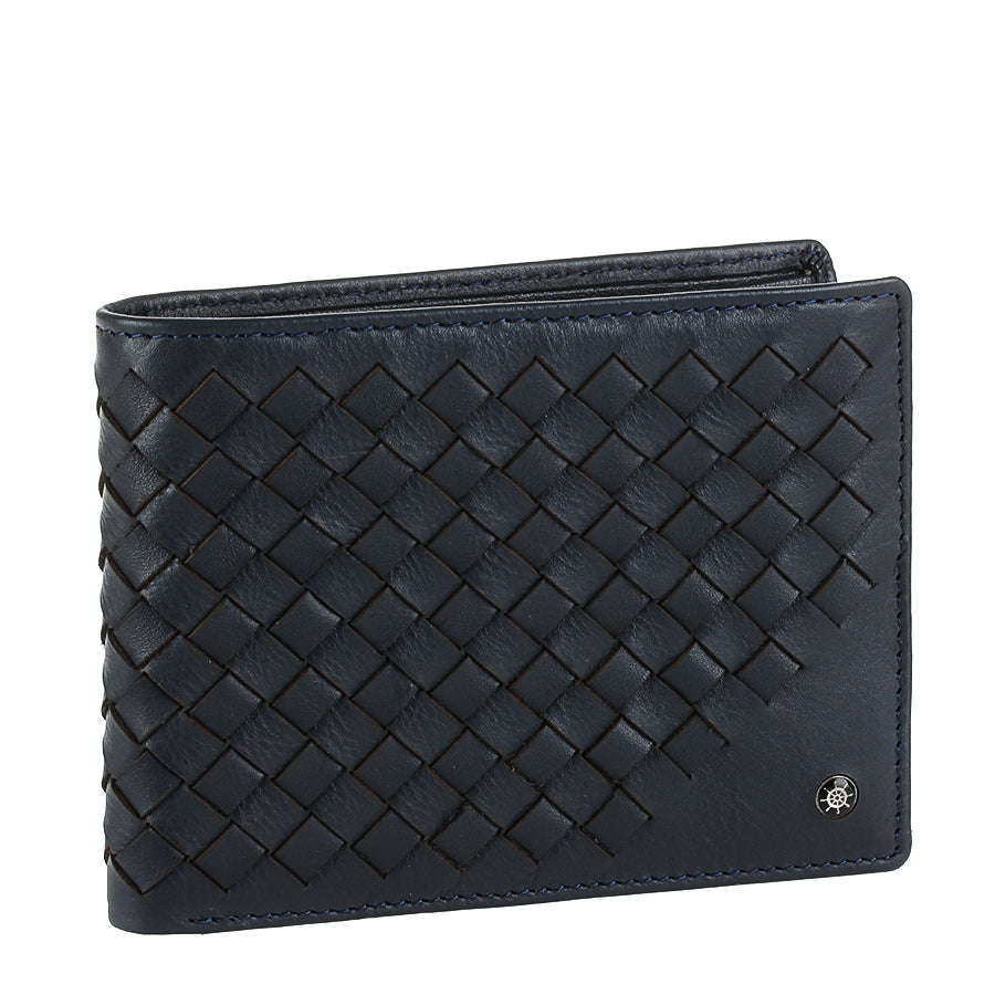 Tony Perotti Timone intrecciato 12013 navy navy woven leather bifold wallet, three-quarter view