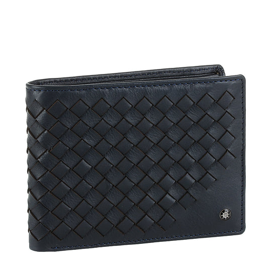 Tony Perotti Timone intrecciato 12013 navy navy woven leather bifold wallet, three-quarter view