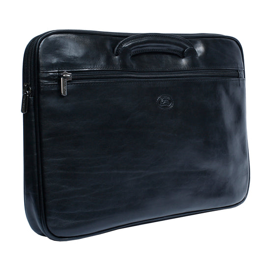 Tony Perotti Italico 8090 black leather zip portfolio — angled front view with full-width zip pocket, embossed turtle emblem and handles tucked in