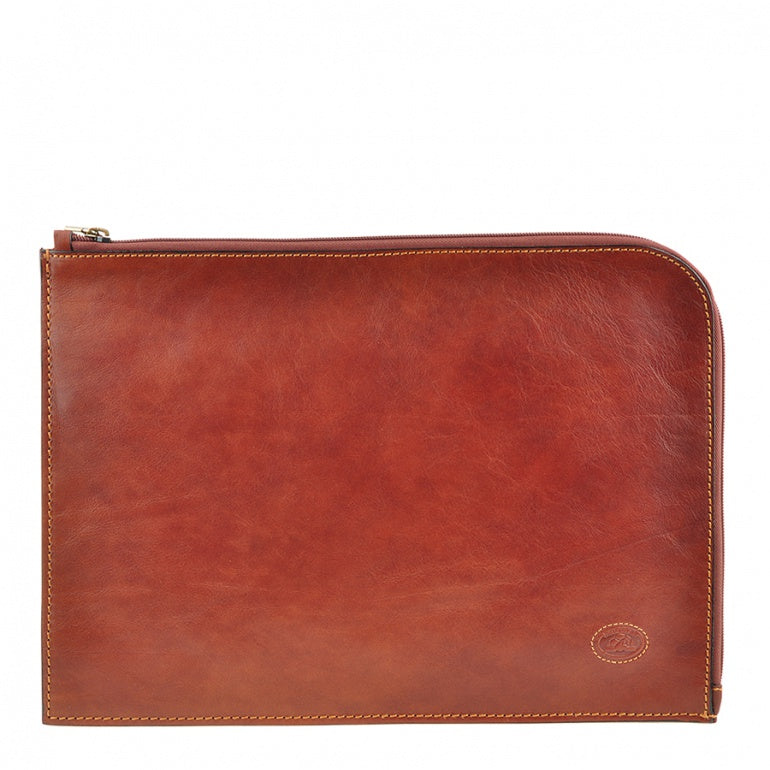 Tony Perotti Italico 8017L cognac leather zip portfolio — front view with contrasting tan stitching and the embossed turtle emblem