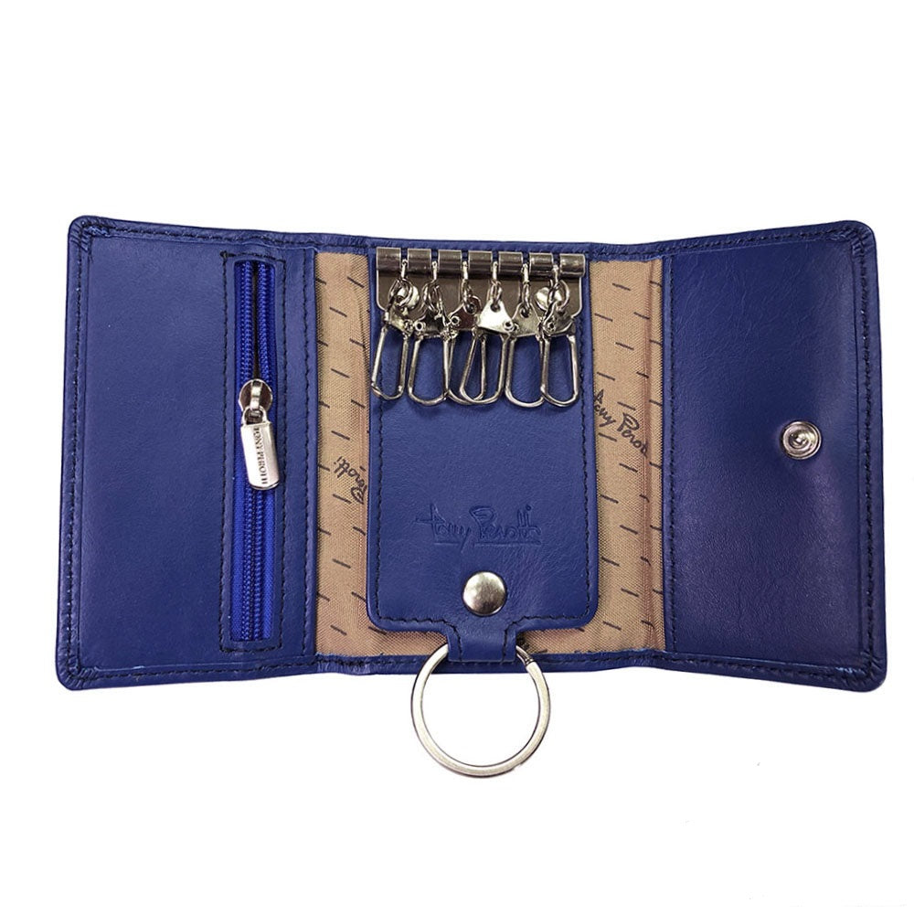 Tony Perotti New Rainbow 1117 bluette — opened flat: the six empty hooks, the card slots behind the side panels and the ring on its leather tab