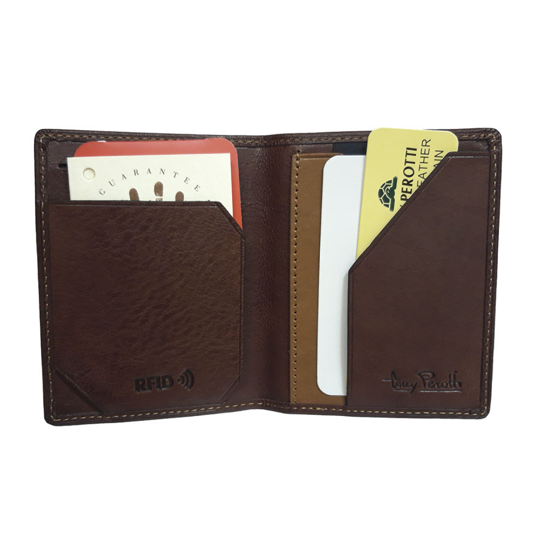 Tony Perotti Nevada 3813+RFID moro — opened out: the «RFID» stamp on the left pocket, cards in the diagonally cut right pocket and the Tony Perotti signature beside them