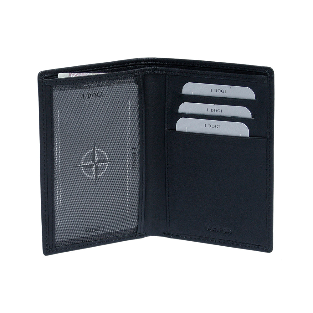 Black document holder Tony Perotti Cortina 5015 nero opened flat — mesh ID window on one side, three stepped card slots and a Vera Pelle pocket on the other
