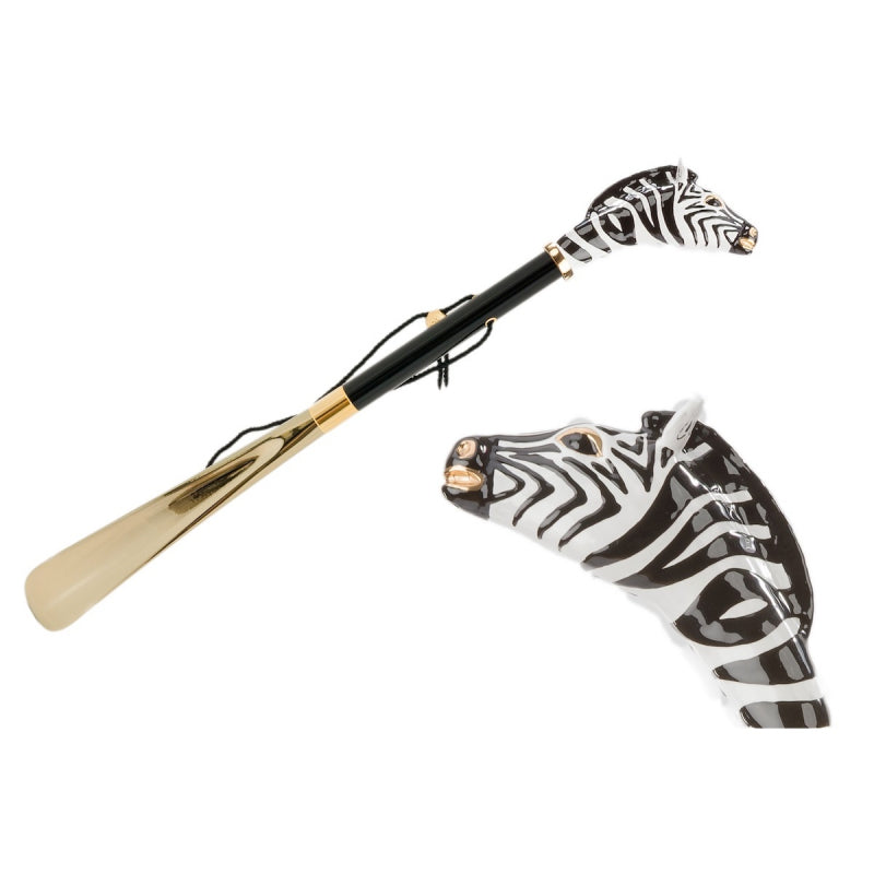 Pasotti zebra head shoehorn, full view with a close-up of the zebra head — CS K17