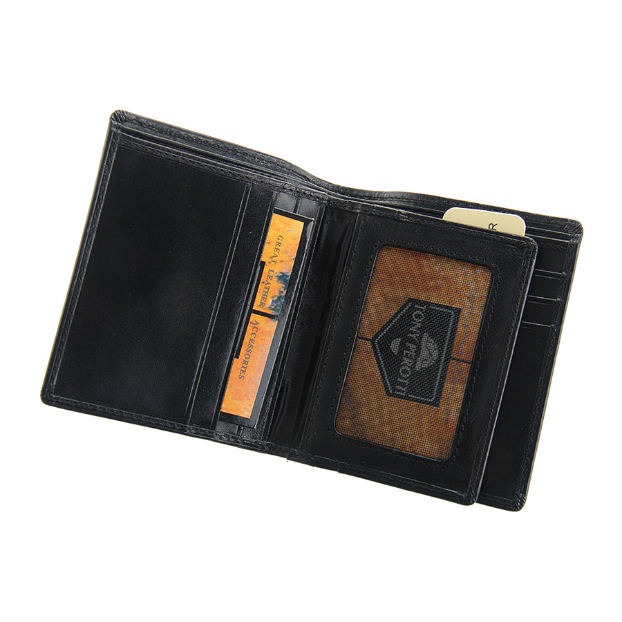 Tony Perotti Italico 2112 nero black leather wallet with the second panel unfolded — the mesh ID window showing a Tony Perotti badge insert card, with more card slots beside it