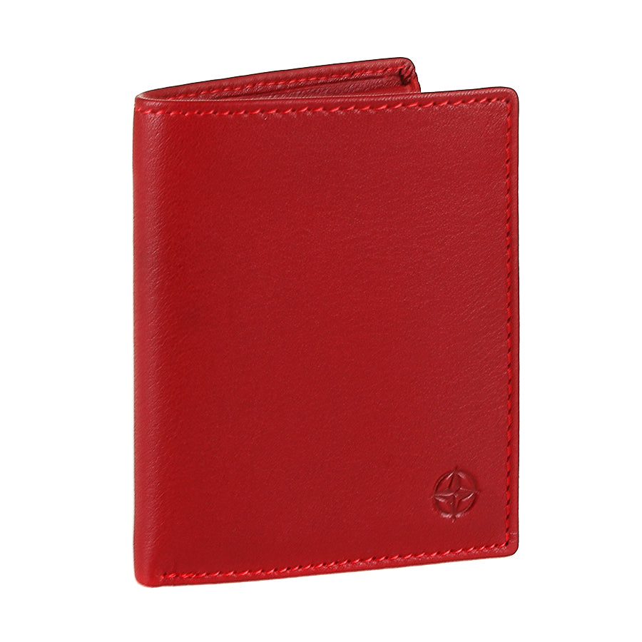 Red leather card wallet Tony Perotti Cortina 5088 rosso closed at an angle — vertical bifold with the embossed compass rose