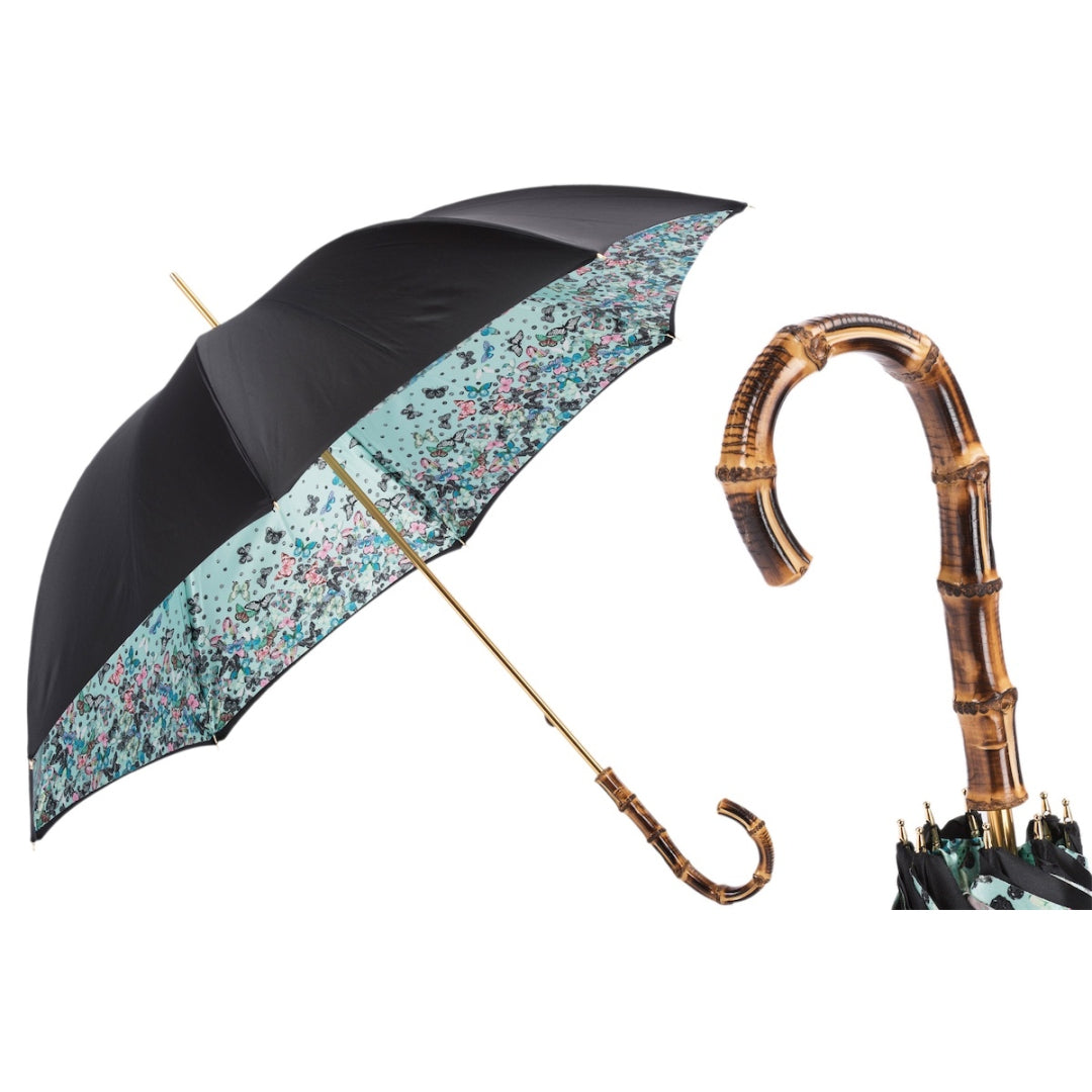 Pasotti women's black umbrella with butterfly print and bamboo handle, open, with a close-up of the handle — 189 5X790-12 Z20