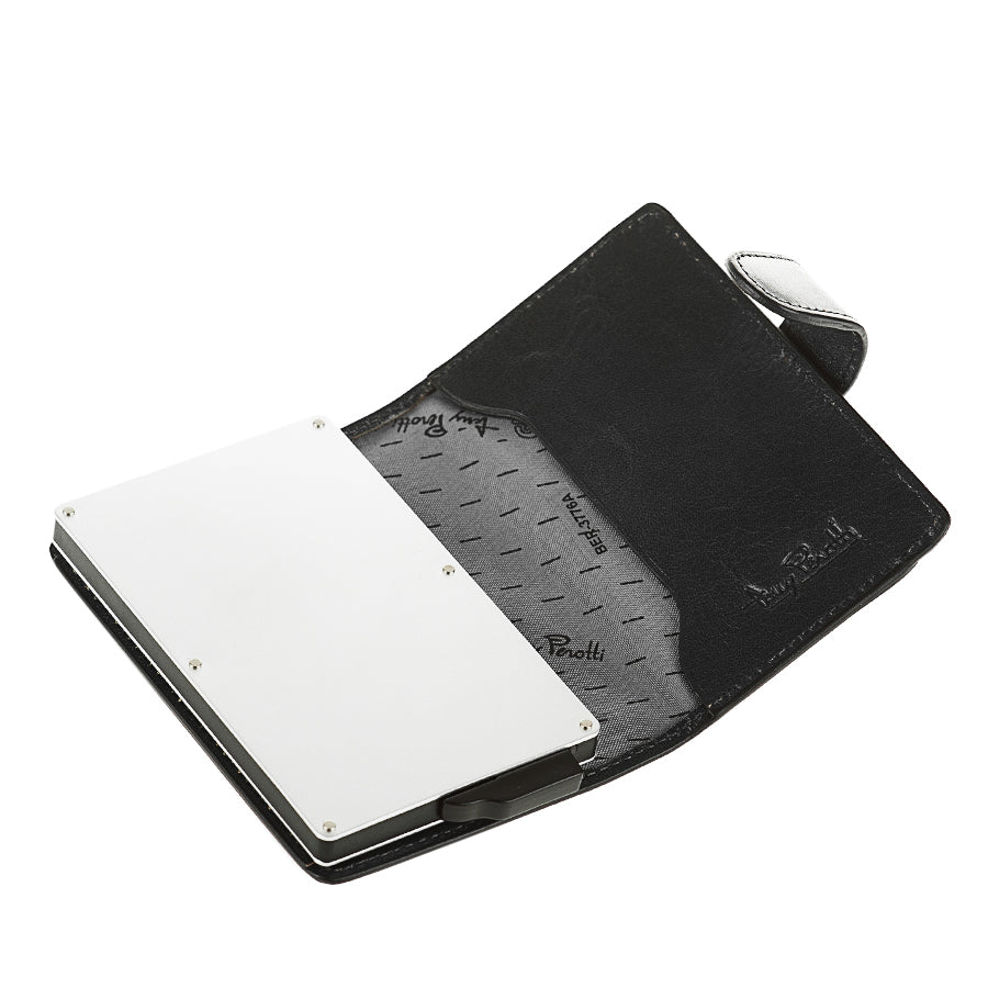 Tony Perotti Nevada 3776 nero — open, with the metal pop-up case and the cards fanned out