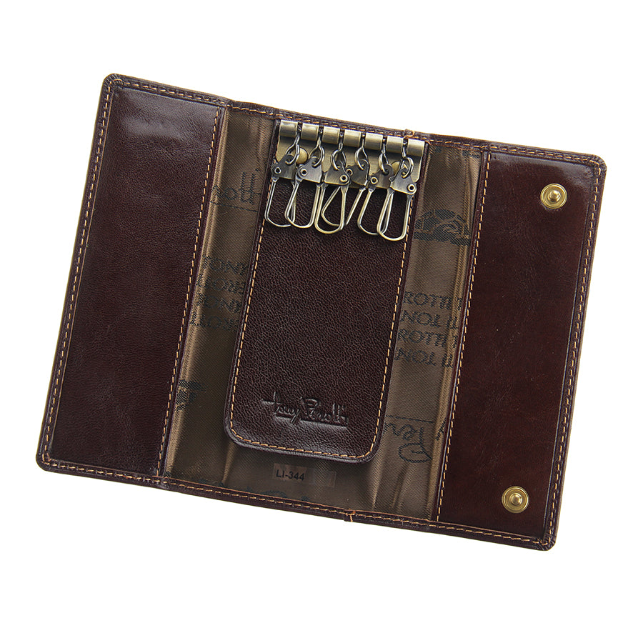 Interior of the dark brown leather key case with brass snaps and printed Tony Perotti lining — Italico 344 moro