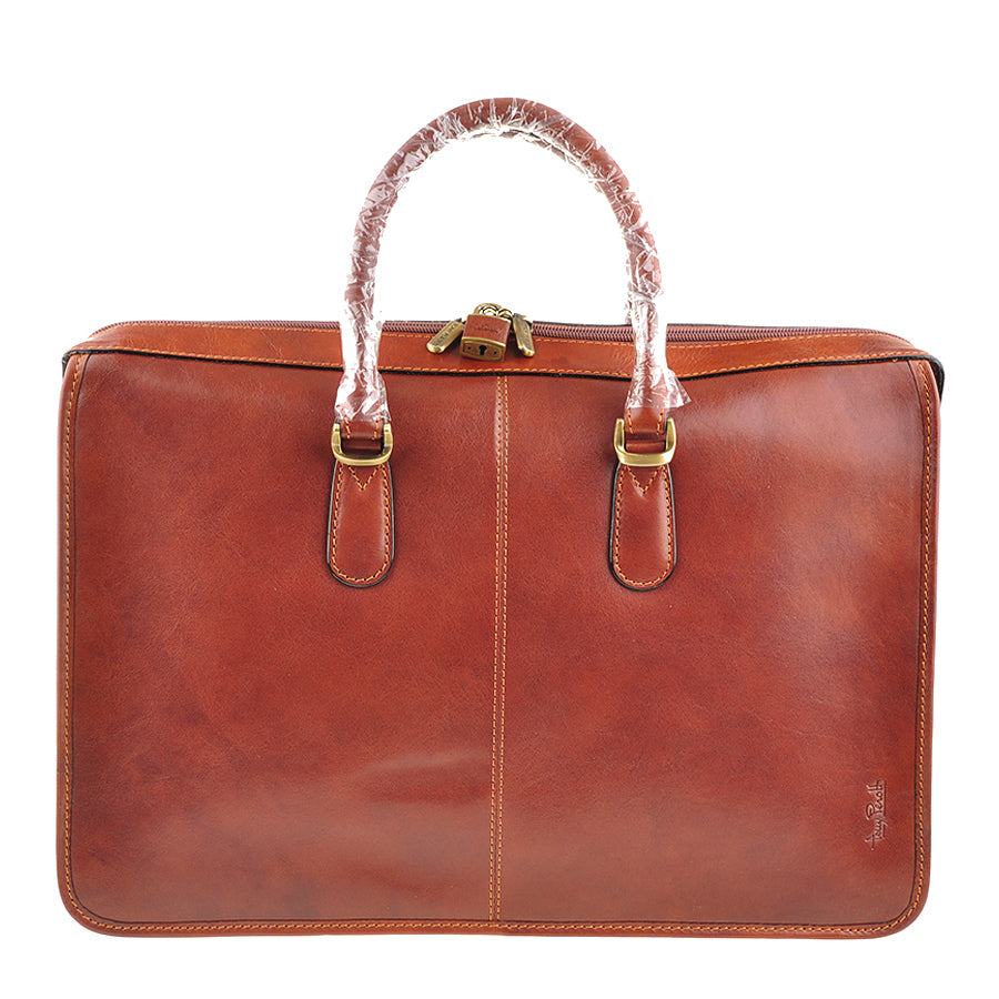 Front of the Tony Perotti Italico 8098 cognac briefcase with the brass-tone padlock locking both zip pullers