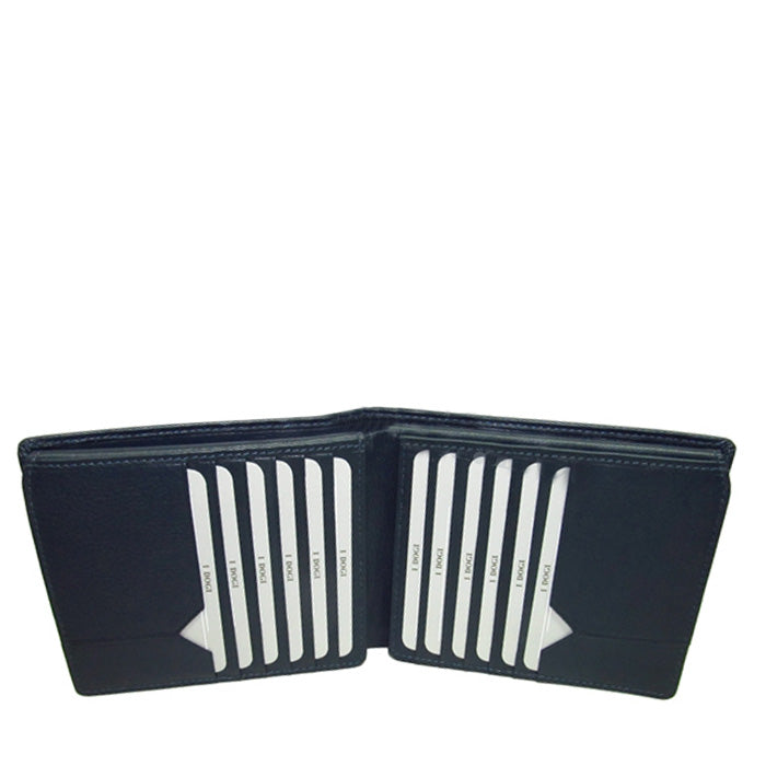 Tony Perotti Cortina 5068 navy opened — rows of vertical card slots filling both inner panels