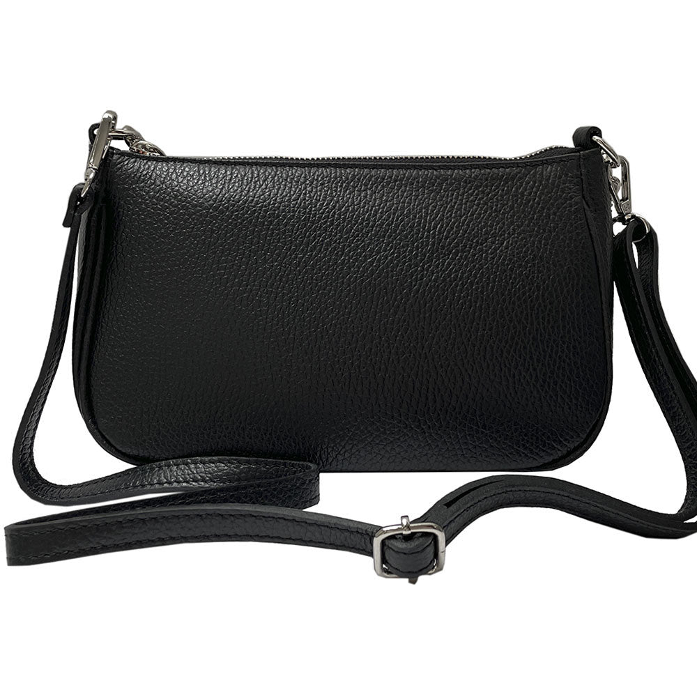 Tony Perotti Borsa CA045-02BK nero black leather handbag fitted with the long leather strap for cross-body wear, buckle adjustment visible