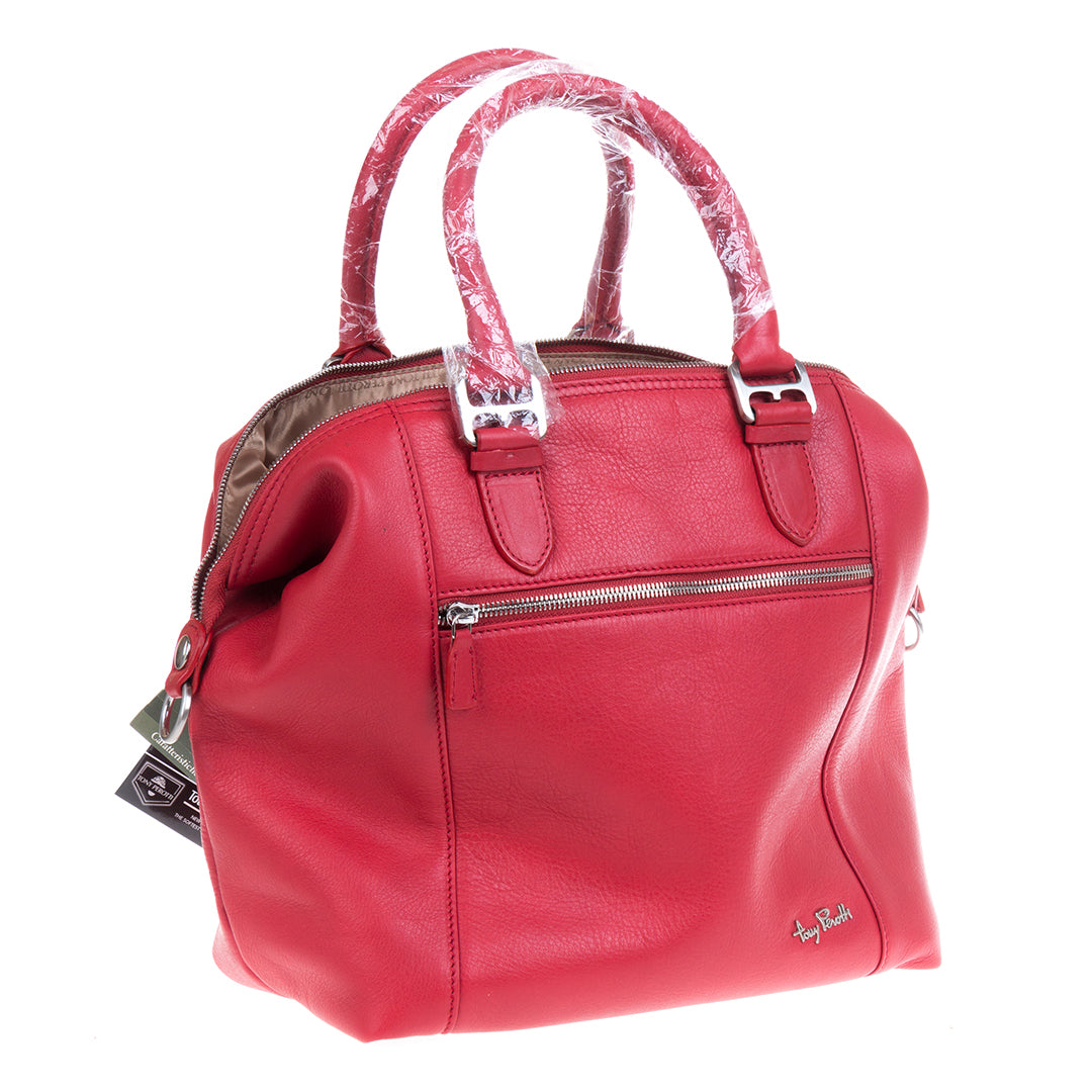 Tony Perotti Contatto 9217-31 rosso red leather handbag at an angle — rolled handles on squared dark silver brackets and the side zip