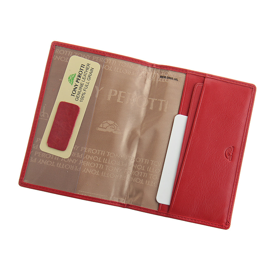 Red passport cover Tony Perotti New Contatto 3550 rosso opened flat — large transparent pocket on the left, three card compartments on the right