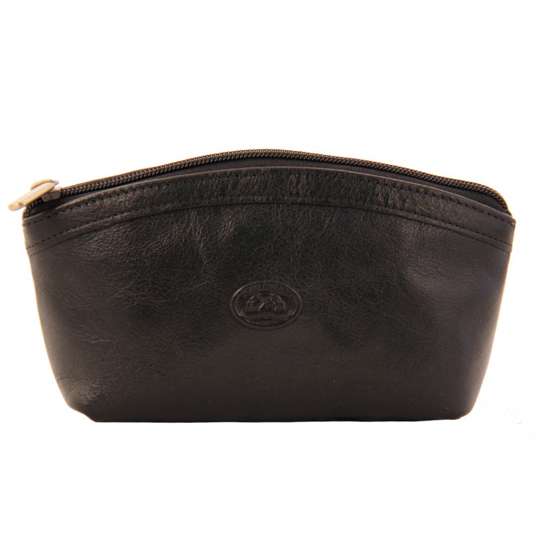 Tony Perotti Italico 2079 nero black leather cosmetic bag — front view with the embossed oval turtle emblem