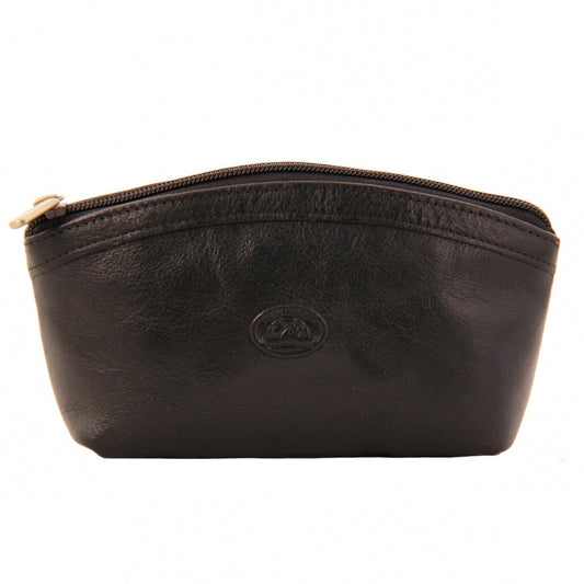 Tony Perotti Italico 2079 nero black leather cosmetic bag — front view with the embossed oval turtle emblem