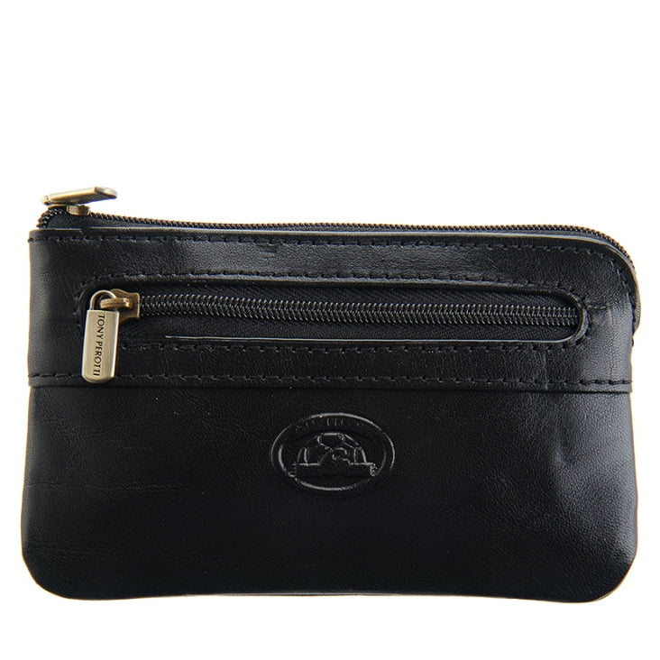 Side profile of the black leather key pouch showing the slim zip edge — Tony Perotti Italico 359 nero
