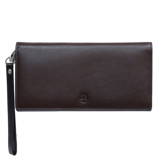 Dark brown Tony Perotti Cortina 5066 clutch wallet seen straight on, flap closed, with the detachable wrist strap on its snap hook