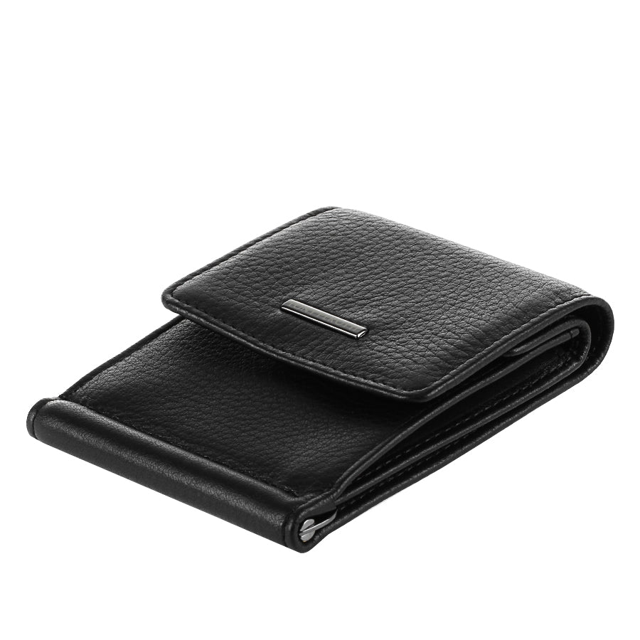 Black leather flap money clip with a silver clasp on a white background — Tony Perotti New Contatto 3595