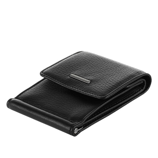 Black leather flap money clip with a silver clasp on a white background — Tony Perotti New Contatto 3595