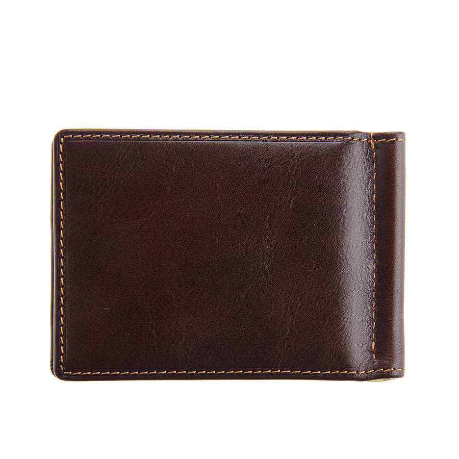 Tony Perotti Italico 2312 moro dark brown leather money clip wallet — closed back view, plain leather with contrasting orange stitching