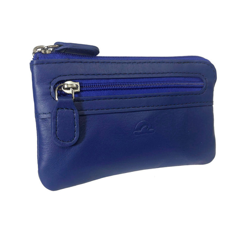 Tony Perotti New Rainbow 359 bluette — blue leather key pouch at an angle, the front zip pocket and the embossed Tony Perotti turtle