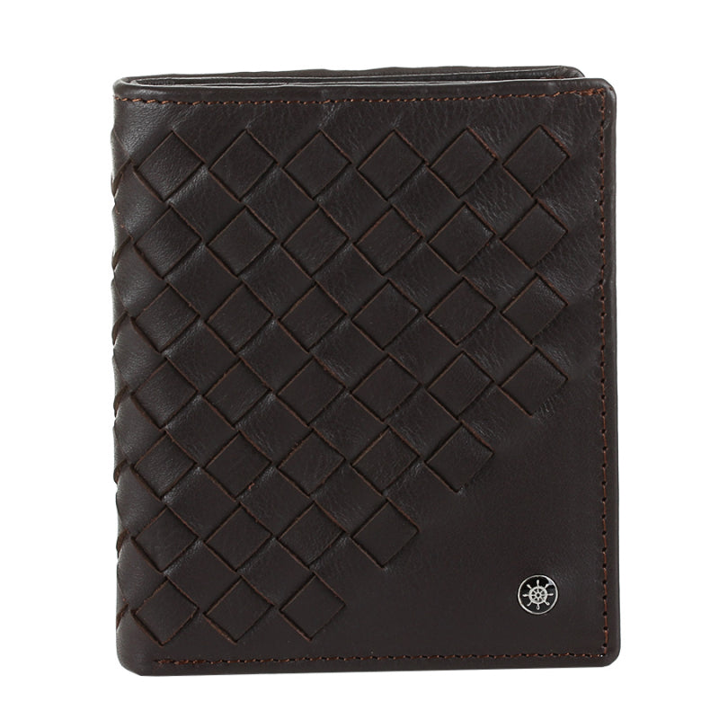 Tony Perotti Timone intrecciato 12071 moro dark brown woven leather compact wallet, front with ship's wheel plate