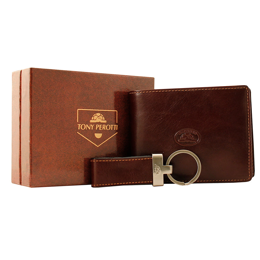 Tony Perotti Italico 534+KR133 moro gift set — the branded box with the brown bifold wallet and the leather key ring in front of it