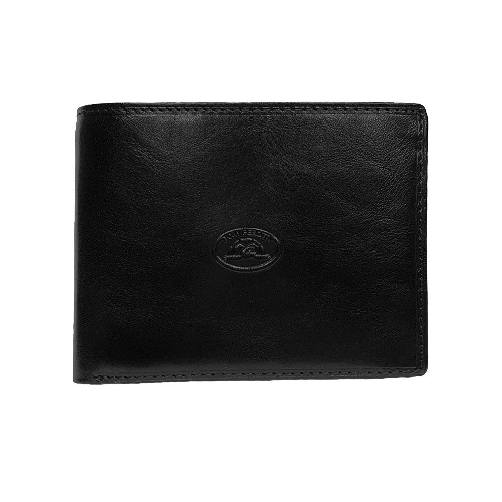 Tony Perotti black leather bifold wallet — closed back view with embossed turtle logo