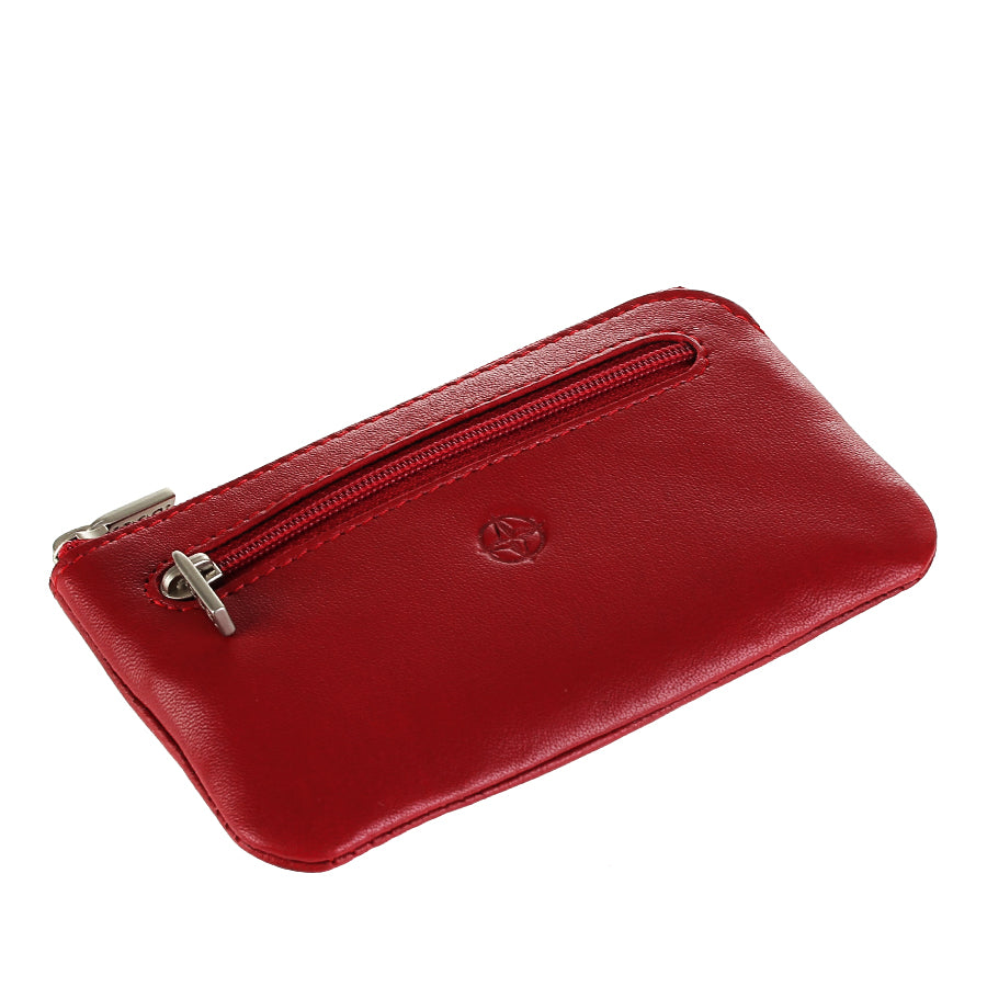 Red leather key pouch lying at an angle, front zip pocket in view — Tony Perotti Cortina 5002 rosso