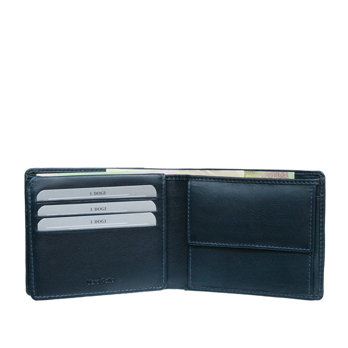 Navy leather bifold wallet interior with ID windows, handcrafted in Italy — Tony Perotti Cortina 5078