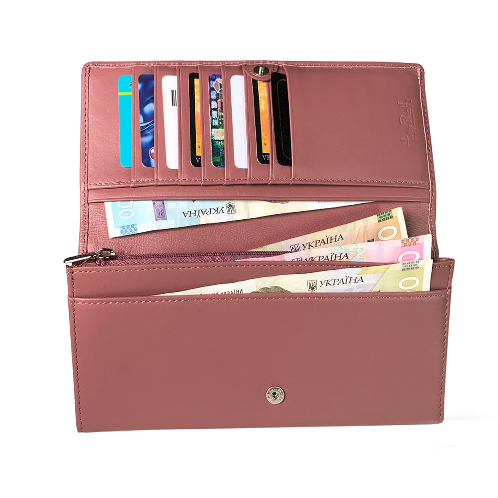 Powder pink New Rainbow 3435 wallet open with banknotes and card slots