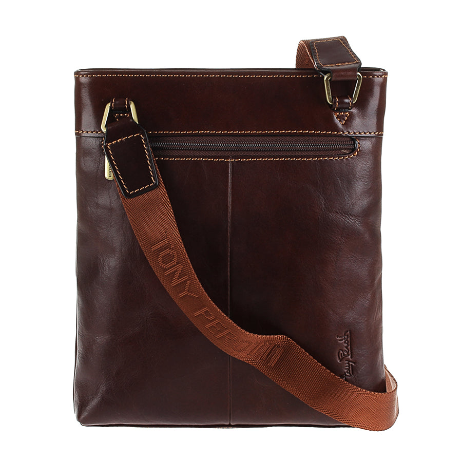 Back of the dark brown Italico 6048 crossbody bag — rear flat zip pocket, light brown jacquard strap and embossed Tony Perotti signature