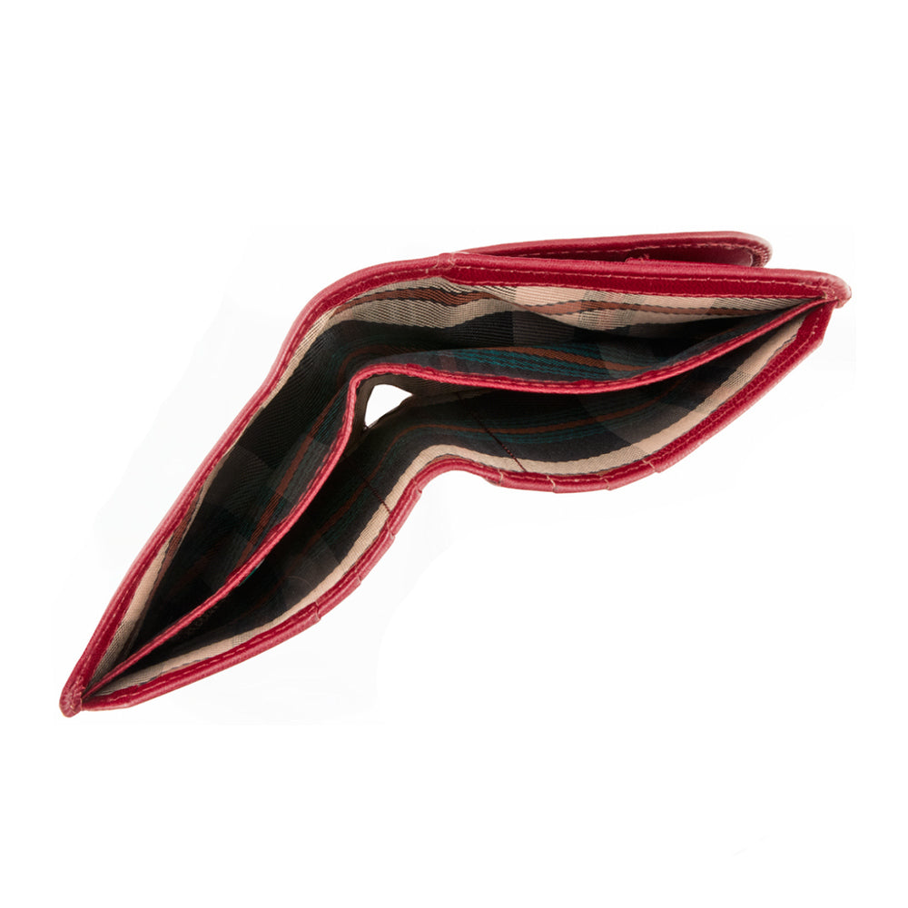 Tony Perotti Italico 1858S rosso red leather compact wallet with the coin pocket unzipped, showing the checked lining inside