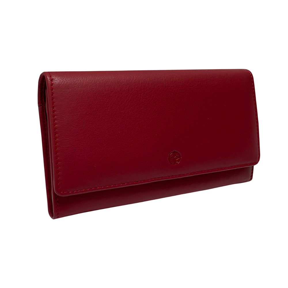 Red Tony Perotti Cortina 5008 flap wallet standing at a three-quarter angle, flap closed