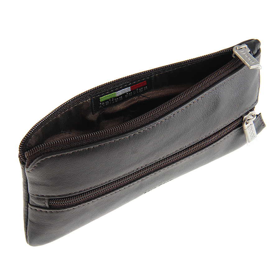 Tony Perotti Cortina 5021 moro — main compartment open: brown lining with the woven «Italian design» label in the Italian tricolour