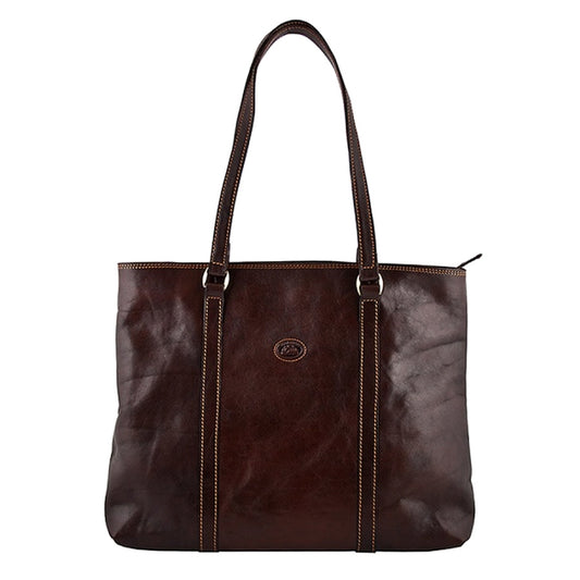 Tony Perotti Italico 8225 moro women's dark brown leather tote bag — front view with the embossed oval Tony Perotti badge, long handles and contrasting light-beige stitching