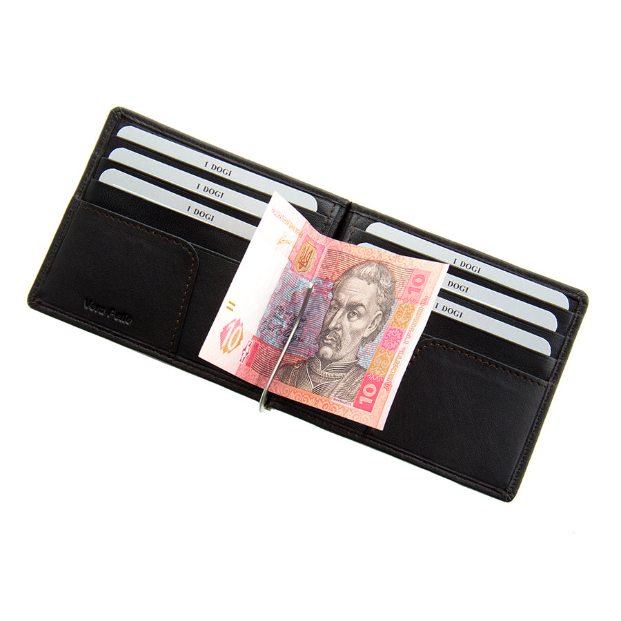 Dark brown leather money clip wallet card slots and corner tabs — Tony Perotti Cortina 5000