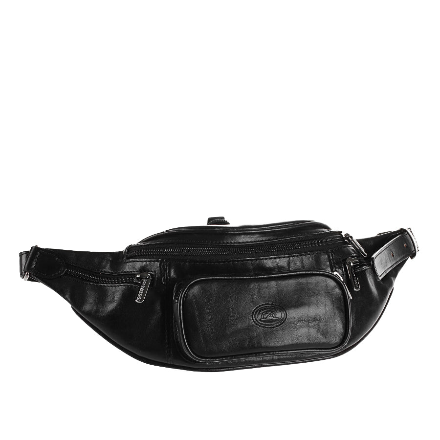 Angled view of the black Italico 8018 belt bag — Tony Perotti branded metal pullers